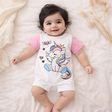 Baby Short-Body Printed Cotton Romper Unicorn White - Mini Charm