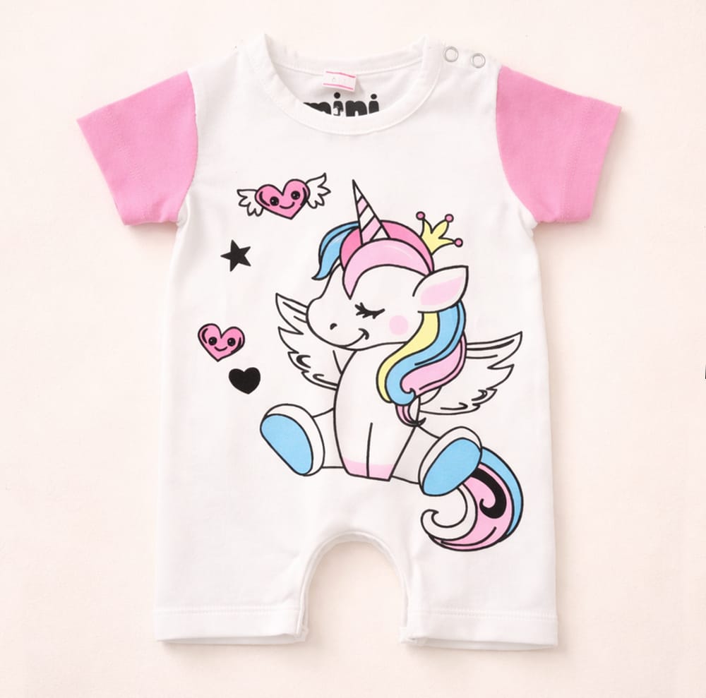 Baby Short-Body Printed Cotton Romper Unicorn White - Mini Charm