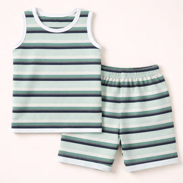 Kids Sando & Short Set Stripes Light Green - Oolaa