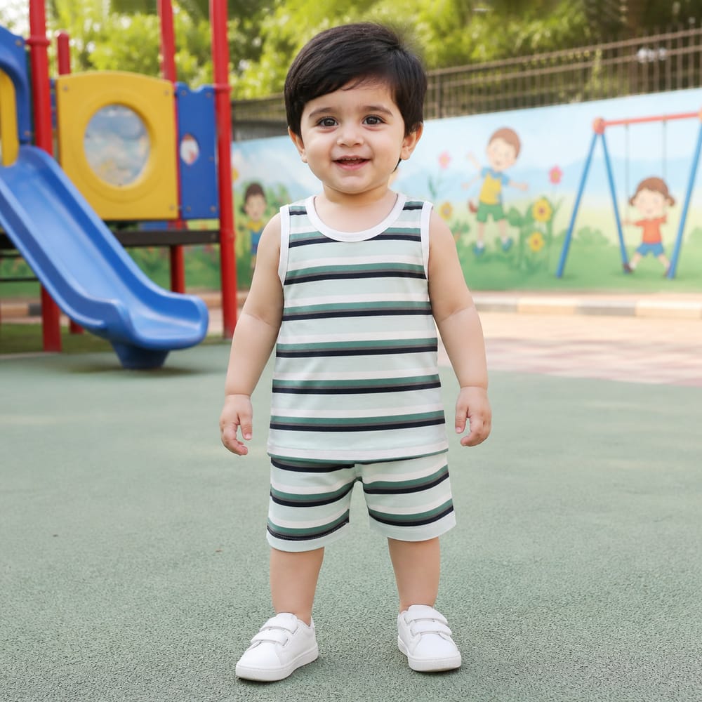 Kids Sando & Short Set Stripes Light Green - Oolaa