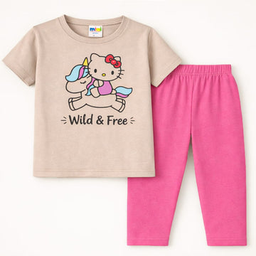 Kids Printed Cotton Half Sleeves Pajama Set Unicorn Grey - Mini Charm