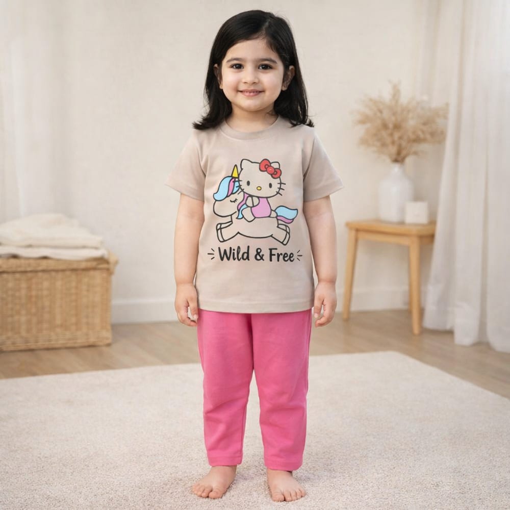 Kids Printed Cotton Half Sleeves Pajama Set Unicorn Grey - Mini Charm