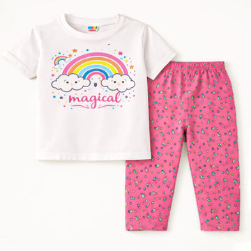 Kids Printed Cotton Half Sleeves Pajama Set Magical White - Mini Charm