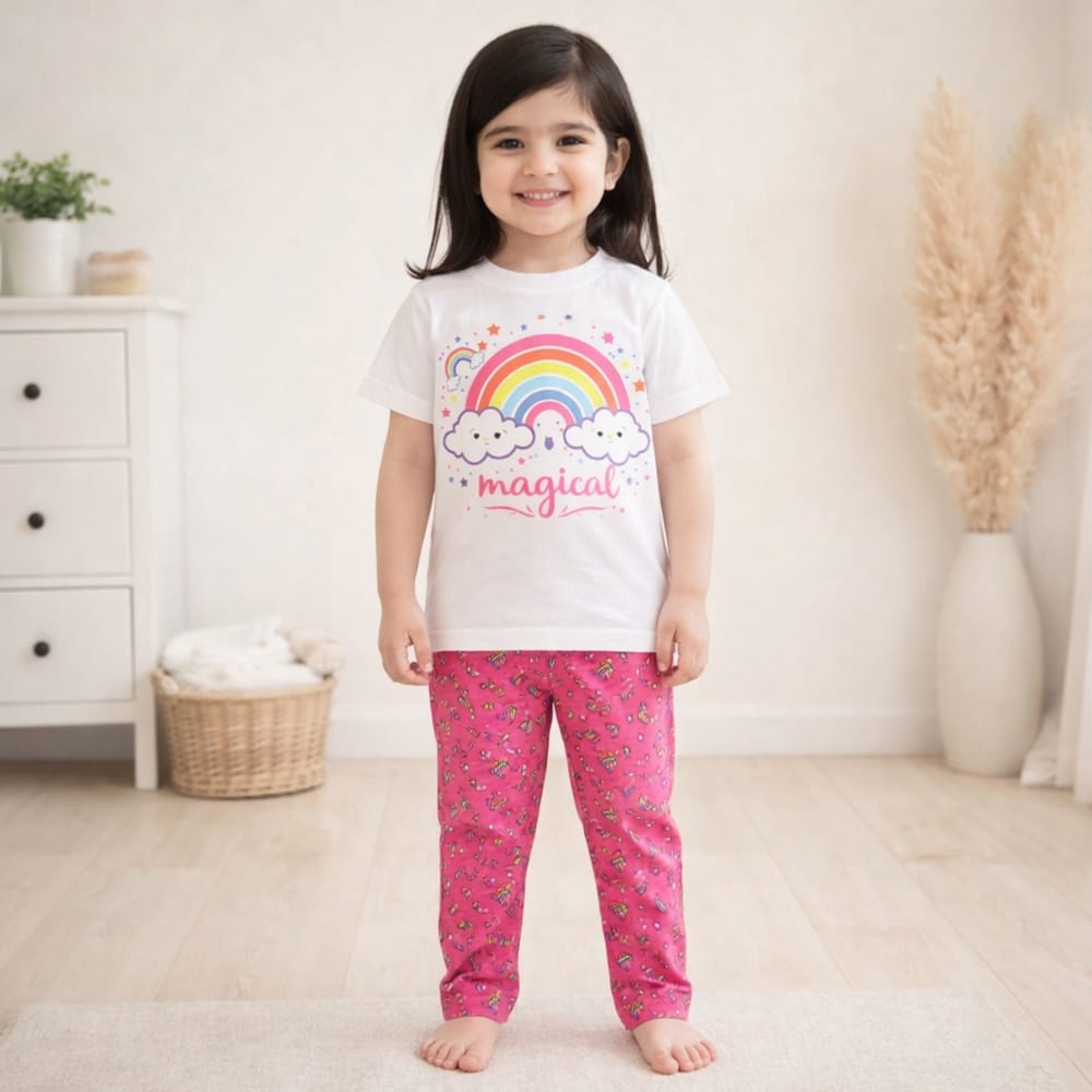 Kids Printed Cotton Half Sleeves Pajama Set Magical White - Mini Charm