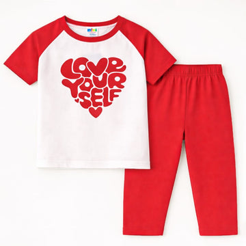 Kids Printed Cotton Half Sleeves Pajama Set Love Yourself Red - Mini Charm