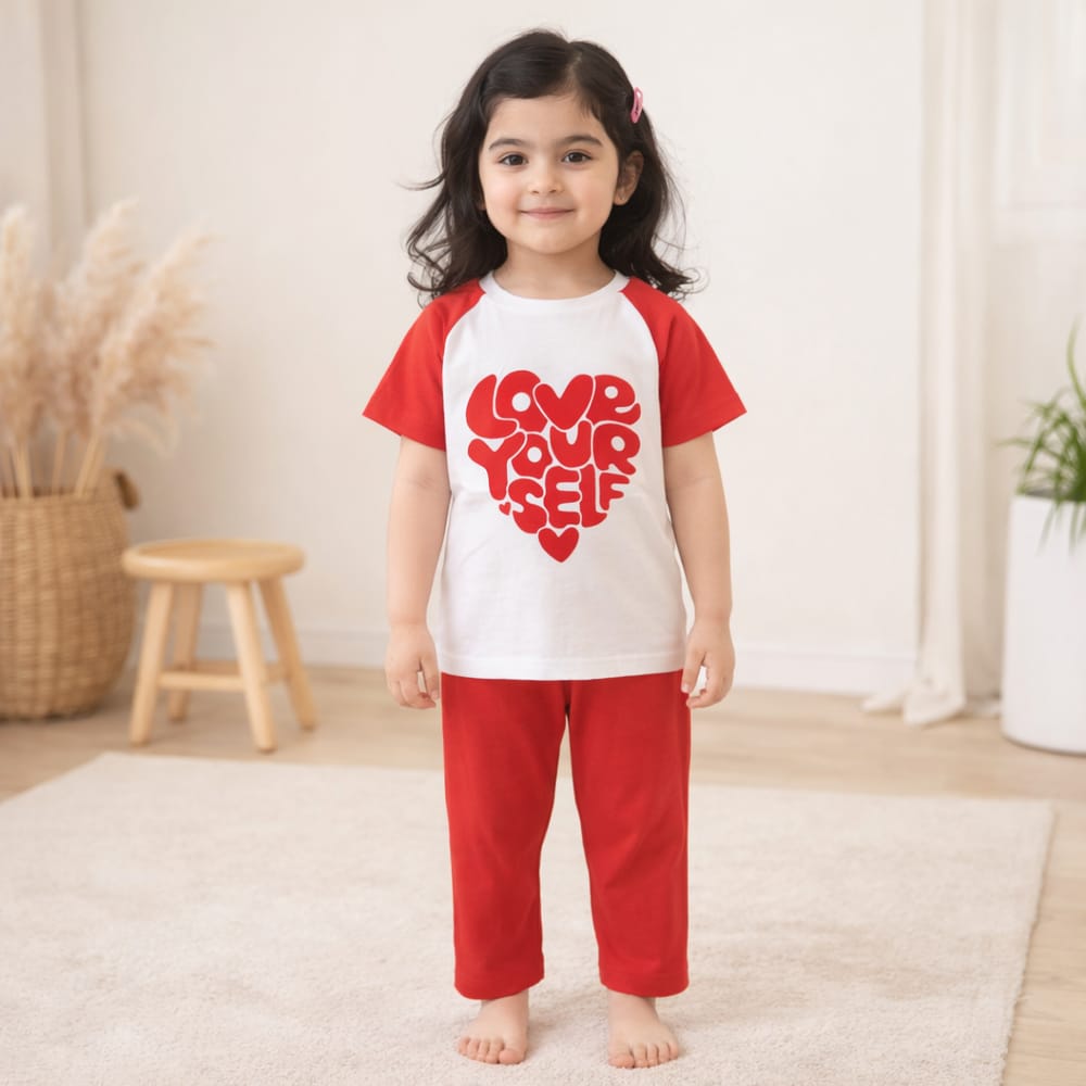 Kids Printed Cotton Half Sleeves Pajama Set Love Yourself Red - Mini Charm