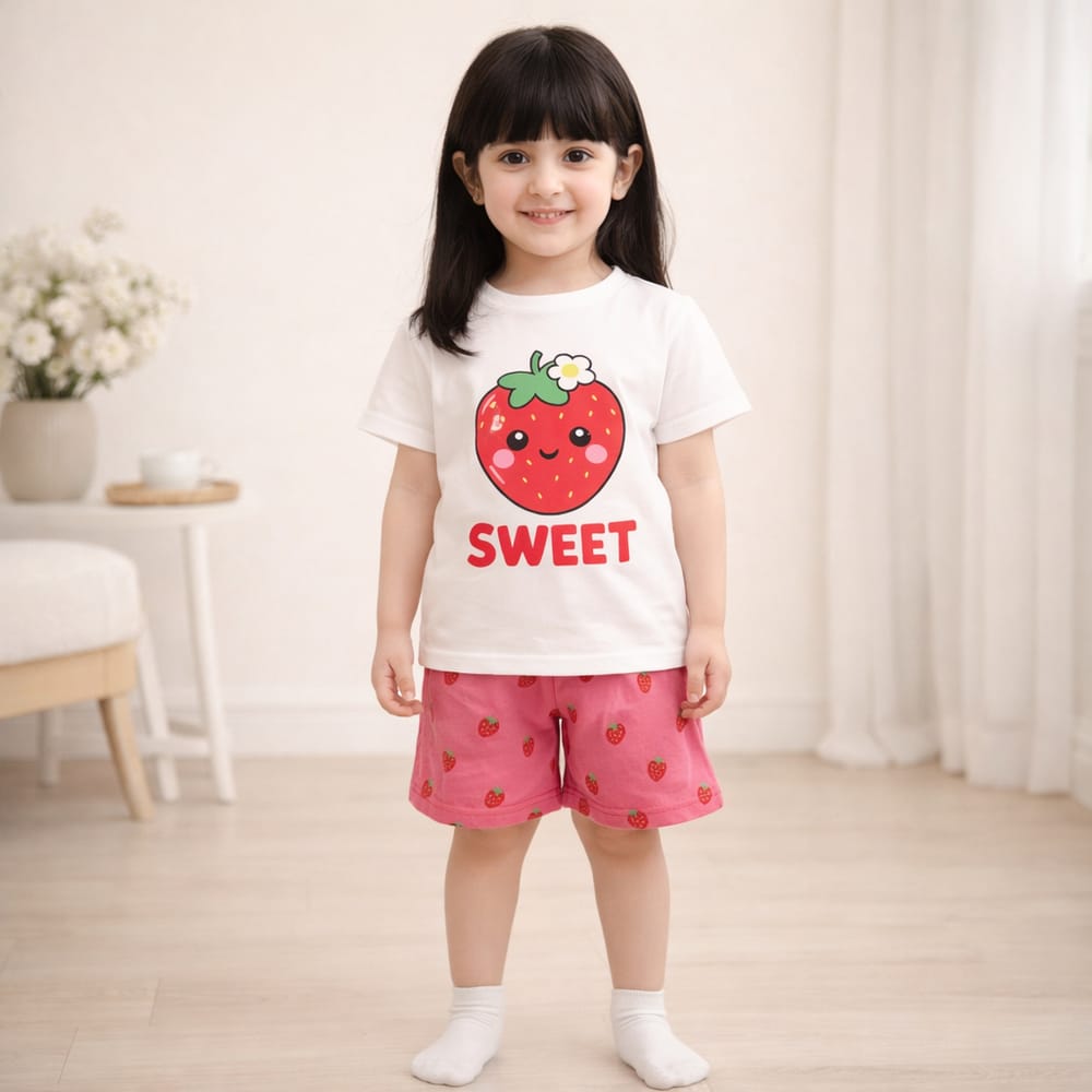 Kids T-Shirt & Short Set Strawbery White - Mini Charm